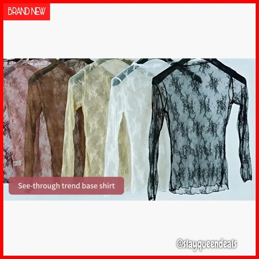 Long Sleeve Mesh Top Sheer Floral Embroidery Mock Neck Layering Tee - Picture 6 of 7